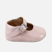 Cute baby Mary Janes with jewel buckle and pearl nude patent leather | Eli 1957