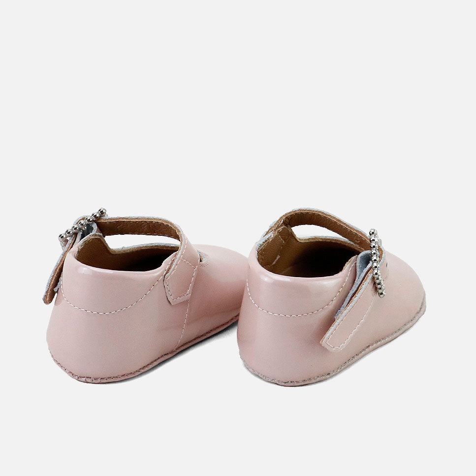 Cute baby Mary Janes with jewel buckle and pearl nude patent leather | Eli 1957