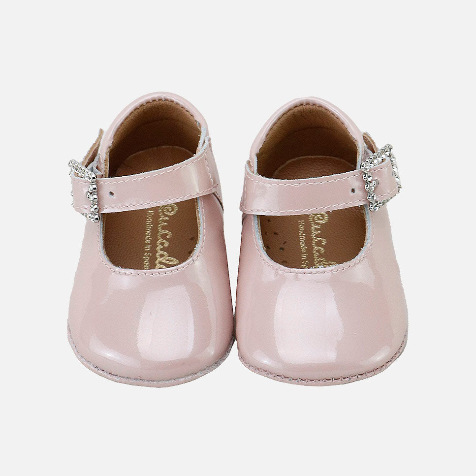 Cute baby Mary Janes with jewel buckle and pearl nude patent leather | Eli 1957