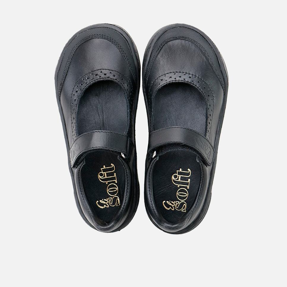 Barefoot black napa leather school Mary Janes by Elisoft | Eli 1957