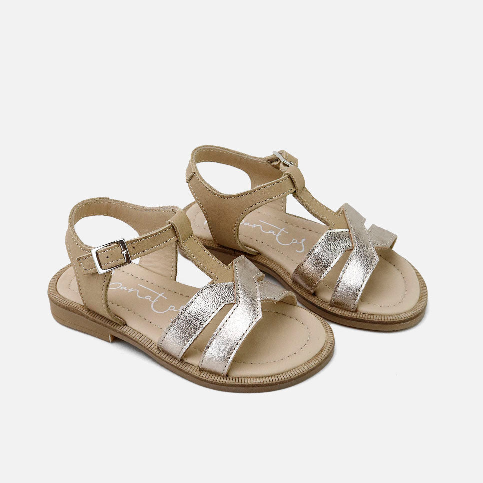 Sandalias piel dos tiras metalizadas Papanatas | Eli 1957