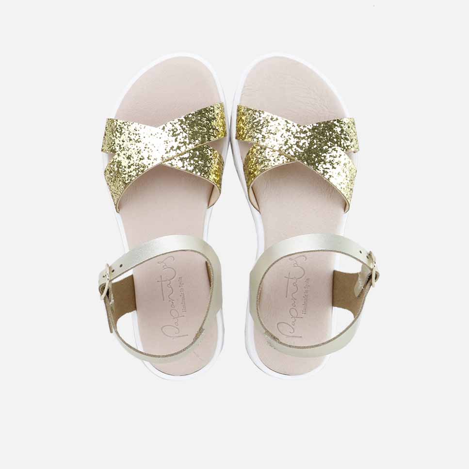 Papanatas Platinum Glitter Leather Gel Platform Sandals | Eli 1957