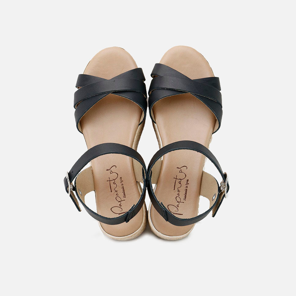 Sandalias plataforma piel vaqueta negro Papanatas | Eli 1957